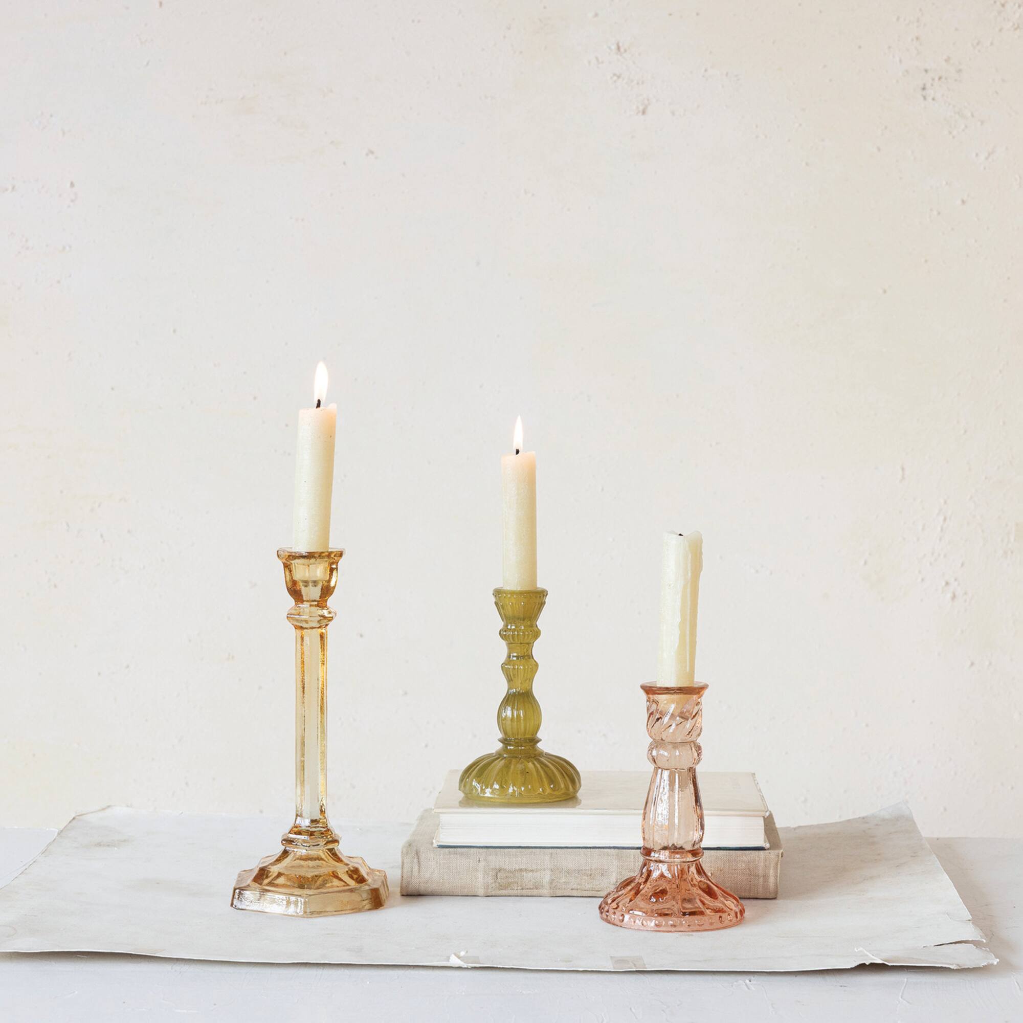Hello Honey® 6" Tall Embossed Chartreuse Reclaimed Glass Taper Holder